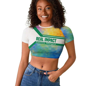 Garrett Morgan Raglan Cropped T shirt with Real Impact Quote, Black Inventor Portrait and Vibrant Watercolor - African Pride