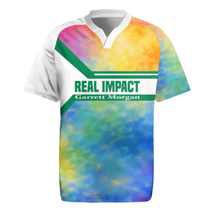 Garrett Morgan Rugby Jersey with Real Impact Quote, Black Inventor Portrait and Vibrant Watercolor - African Pride