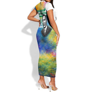 Garrett Morgan Short Sleeve Bodycon Dress with Real Impact Quote, Black Inventor Portrait and Vibrant Watercolor - African Pride