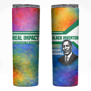Garrett Morgan Skinny Tumbler with Real Impact Quote, Black Inventor Portrait and Vibrant Watercolor - African Pride