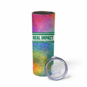 Garrett Morgan Skinny Tumbler with Real Impact Quote, Black Inventor Portrait and Vibrant Watercolor - African Pride