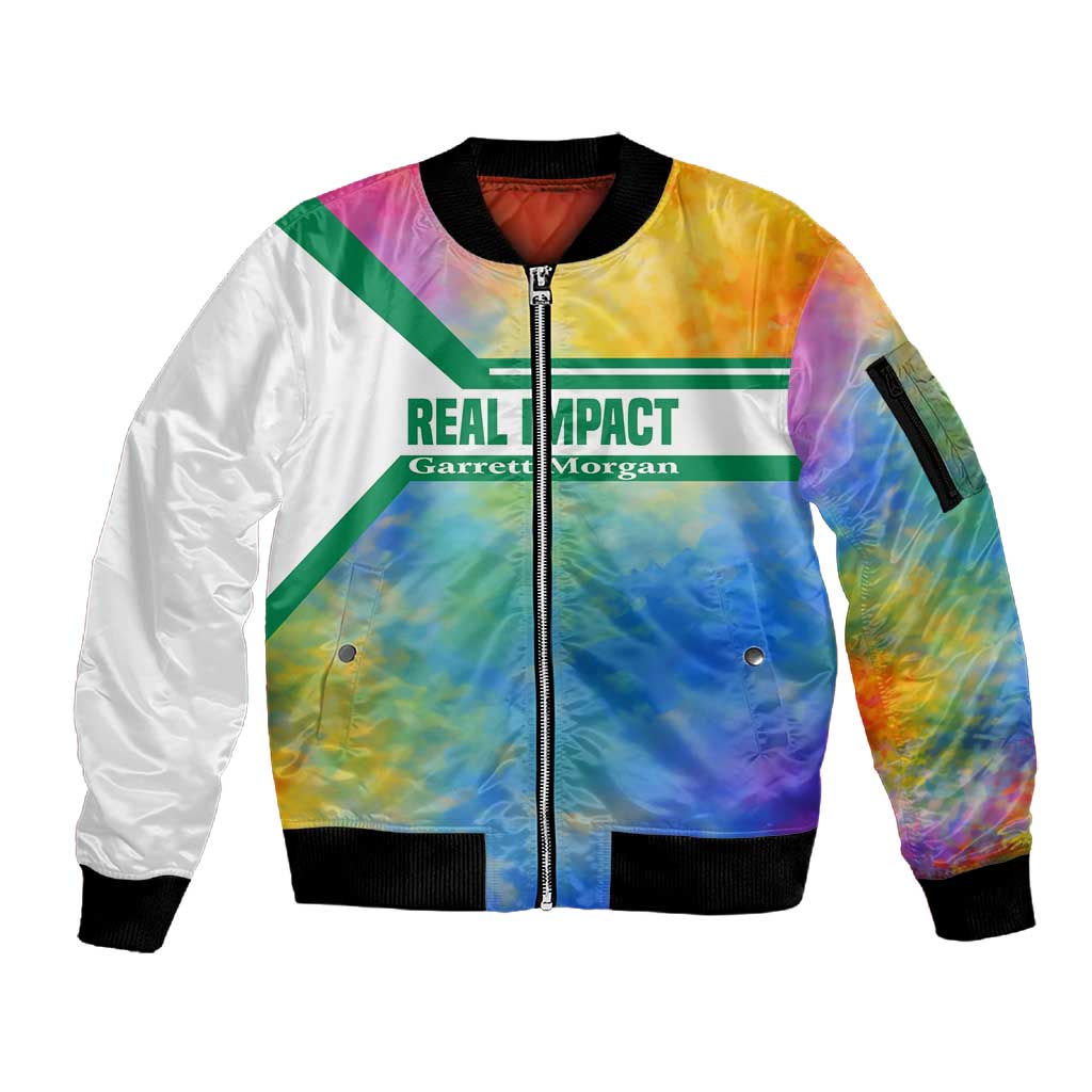 Garrett Morgan Sleeve Zip Bomber Jacket with Real Impact Quote, Black Inventor Portrait and Vibrant Watercolor - African Pride