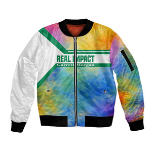 Garrett Morgan Sleeve Zip Bomber Jacket with Real Impact Quote, Black Inventor Portrait and Vibrant Watercolor - African Pride
