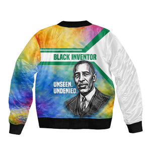 Garrett Morgan Sleeve Zip Bomber Jacket with Real Impact Quote, Black Inventor Portrait and Vibrant Watercolor - African Pride