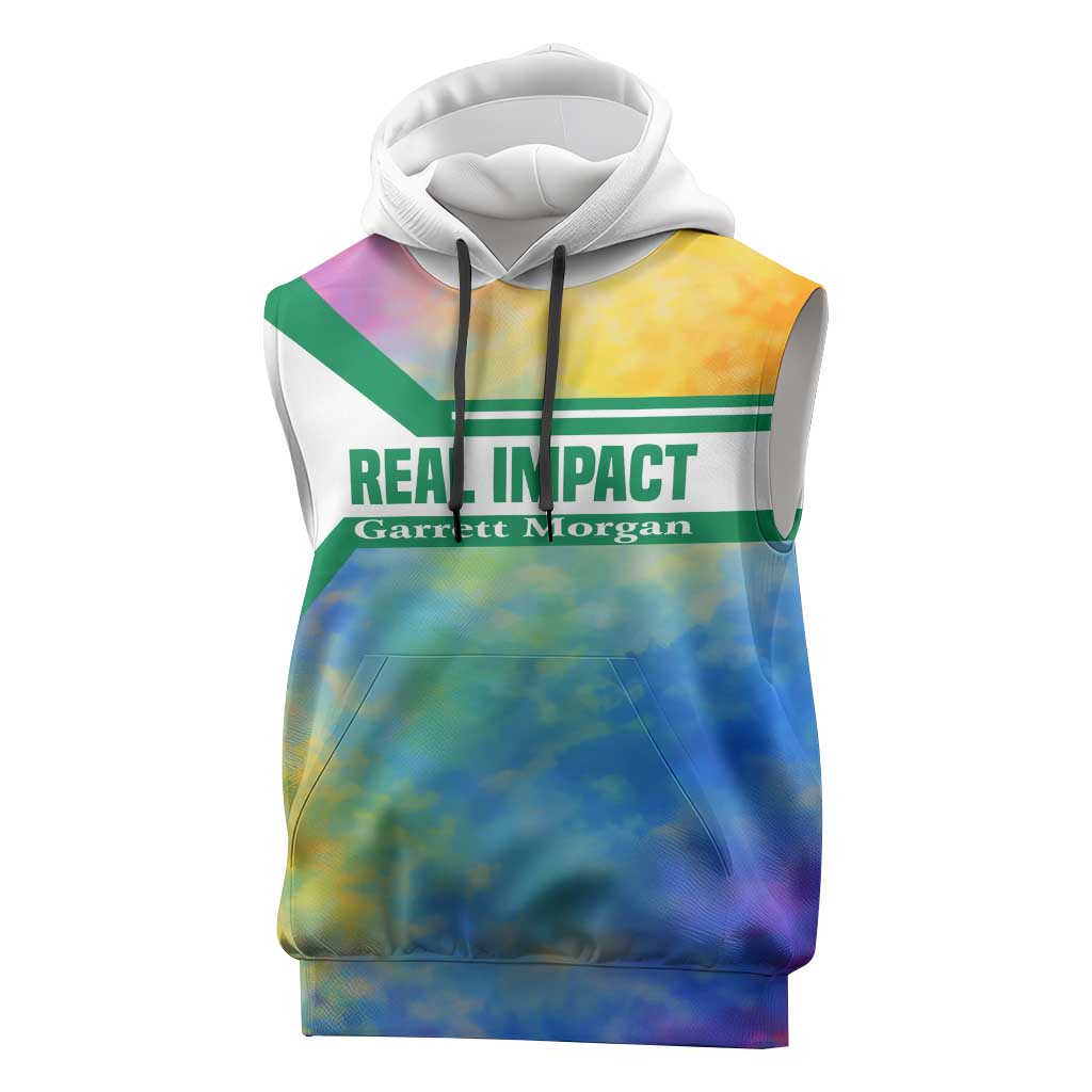 Garrett Morgan Sleeveless Hoodie with Real Impact Quote, Black Inventor Portrait and Vibrant Watercolor - African Pride