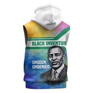 Garrett Morgan Sleeveless Hoodie with Real Impact Quote, Black Inventor Portrait and Vibrant Watercolor - African Pride