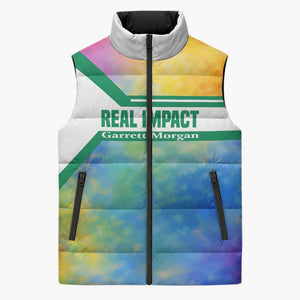 Garrett Morgan Sleeveless Puffer Jacket with Real Impact Quote, Black Inventor Portrait and Vibrant Watercolor - African Pride