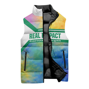 Garrett Morgan Sleeveless Puffer Jacket with Real Impact Quote, Black Inventor Portrait and Vibrant Watercolor - African Pride