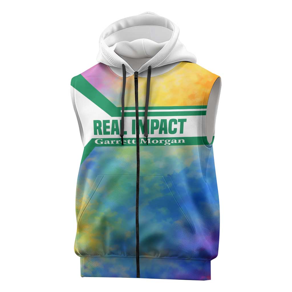 Garrett Morgan Sleeveless Zip Hoodie with Real Impact Quote, Black Inventor Portrait and Vibrant Watercolor - African Pride