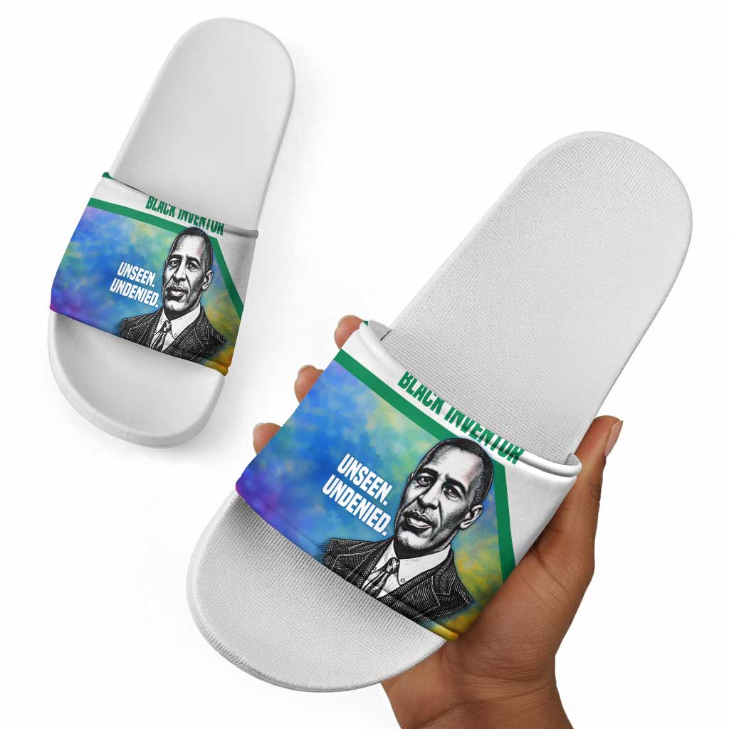 Garrett Morgan Slide Sandals with Real Impact Quote, Black Inventor Portrait and Vibrant Watercolor - African Pride