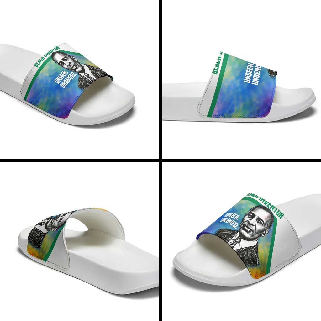 Garrett Morgan Slide Sandals with Real Impact Quote, Black Inventor Portrait and Vibrant Watercolor - African Pride
