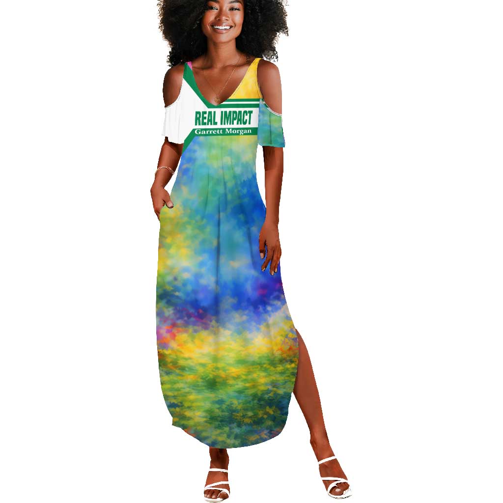 Garrett Morgan Summer Maxi Dress with Real Impact Quote, Black Inventor Portrait and Vibrant Watercolor - African Pride