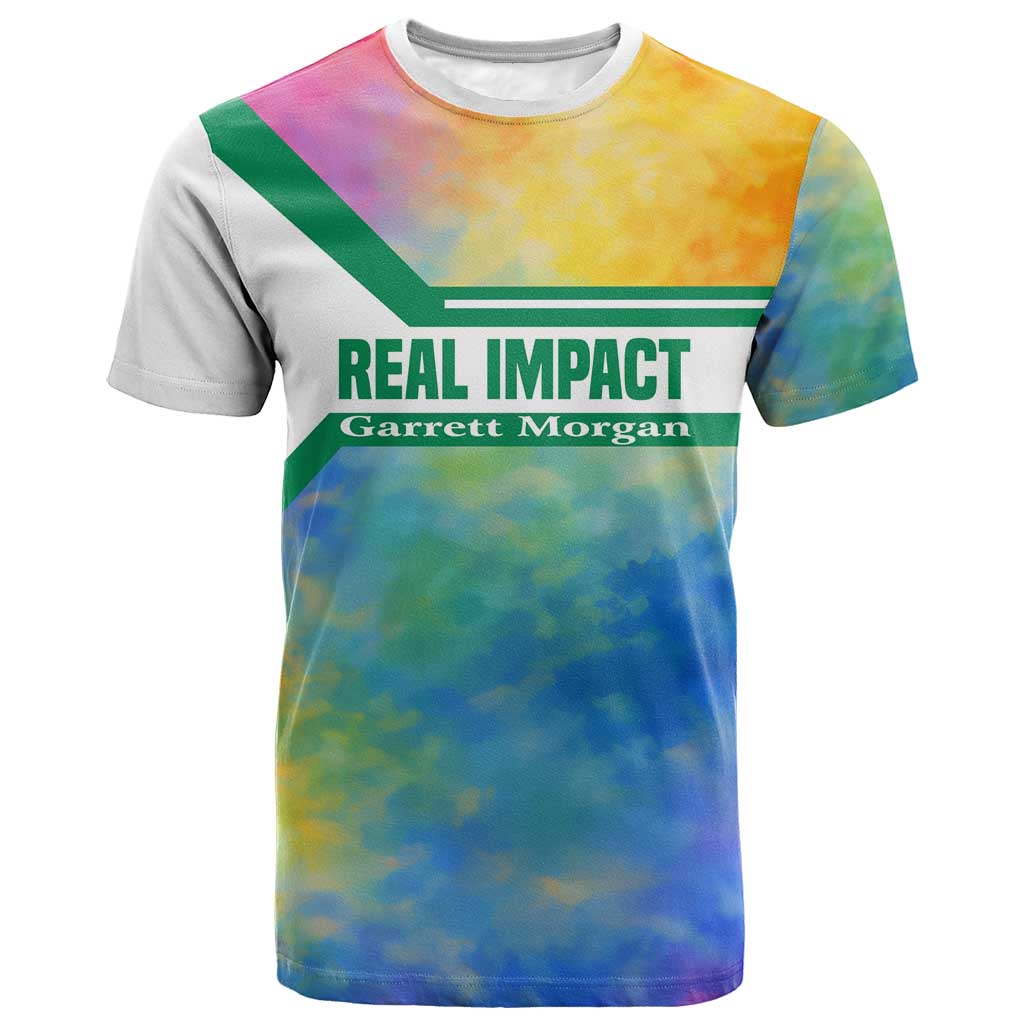 Garrett Morgan T shirt with Real Impact Quote, Black Inventor Portrait and Vibrant Watercolor - African Pride