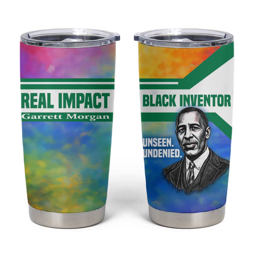 Garrett Morgan Tumbler Cup with Real Impact Quote, Black Inventor Portrait and Vibrant Watercolor - African Pride