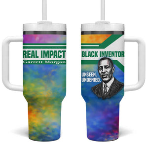 Garrett Morgan Tumbler With Handle with Real Impact Quote, Black Inventor Portrait and Vibrant Watercolor - African Pride