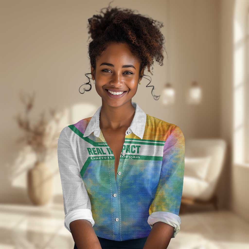 Garrett Morgan Women Casual Shirt with Real Impact Quote, Black Inventor Portrait and Vibrant Watercolor - African Pride