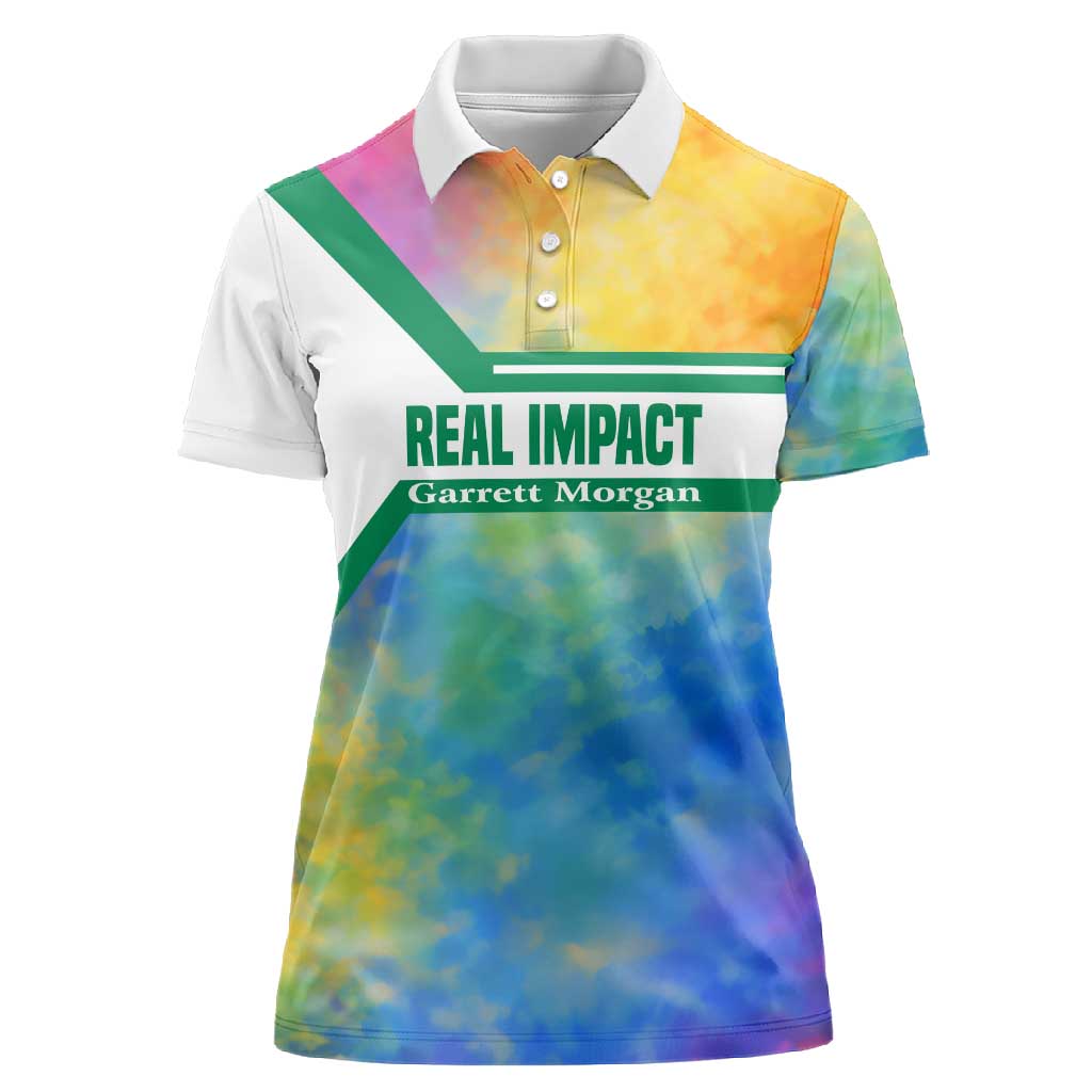 Garrett Morgan Women Polo Shirt with Real Impact Quote, Black Inventor Portrait and Vibrant Watercolor - African Pride