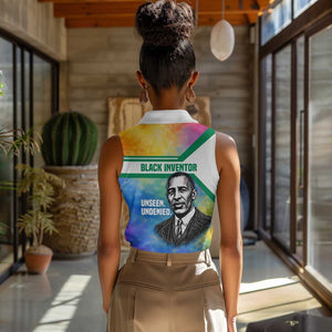 Garrett Morgan Women Sleeveless Polo Shirt with Real Impact Quote, Black Inventor Portrait and Vibrant Watercolor - African Pride