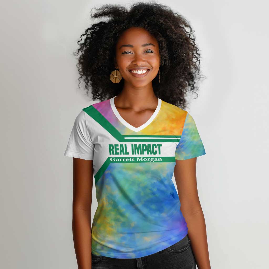 Garrett Morgan Women V-Neck T-Shirt with Real Impact Quote, Black Inventor Portrait and Vibrant Watercolor - African Pride