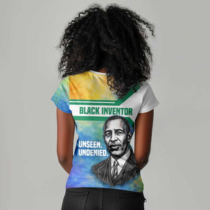 Garrett Morgan Women V-Neck T-Shirt with Real Impact Quote, Black Inventor Portrait and Vibrant Watercolor - African Pride