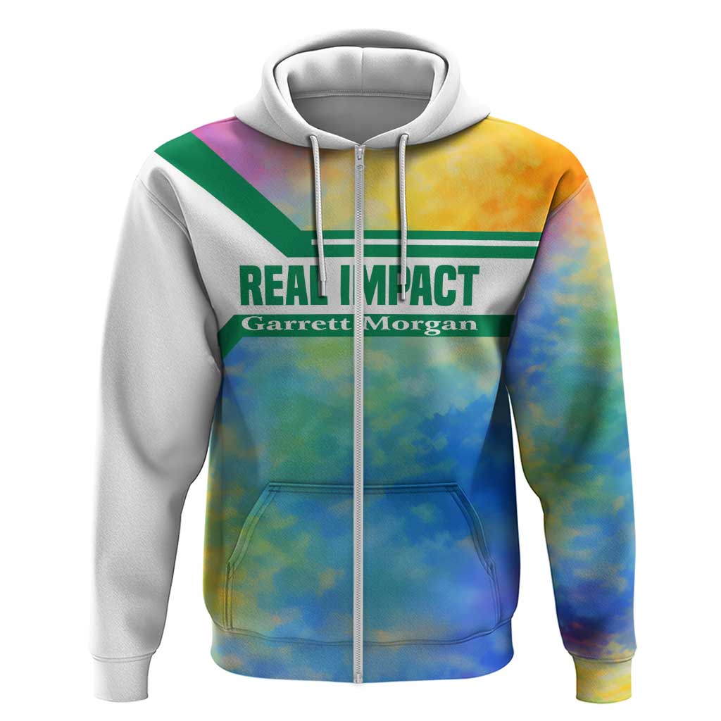 Garrett Morgan Zip Hoodie with Real Impact Quote, Black Inventor Portrait and Vibrant Watercolor - African Pride