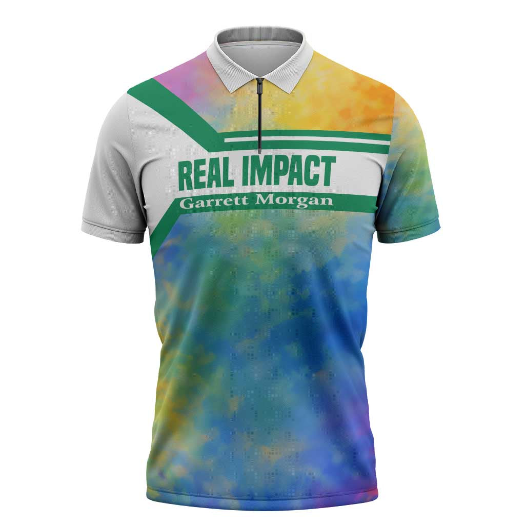 Garrett Morgan Zipper Polo Shirt with Real Impact Quote, Black Inventor Portrait and Vibrant Watercolor - African Pride