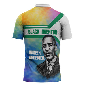 Garrett Morgan Zipper Polo Shirt with Real Impact Quote, Black Inventor Portrait and Vibrant Watercolor - African Pride