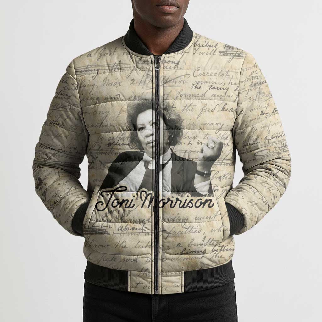 Toni Morrison Bomber Puffer Jacket Handwritten Manuscript Powerful Portrait with Feather Pen Quote - African Pride