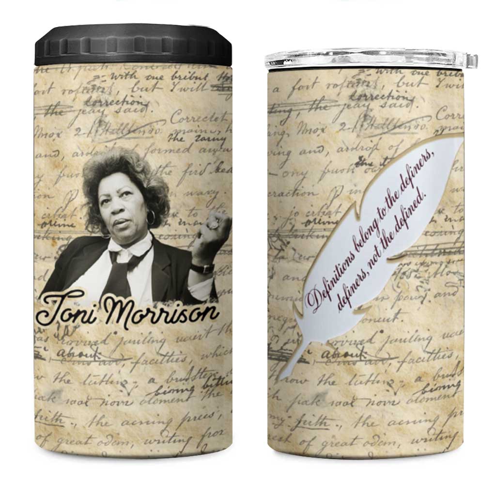 Toni Morrison 4 in 1 Can Cooler Tumbler Handwritten Manuscript Powerful Portrait with Feather Pen Quote - African Pride