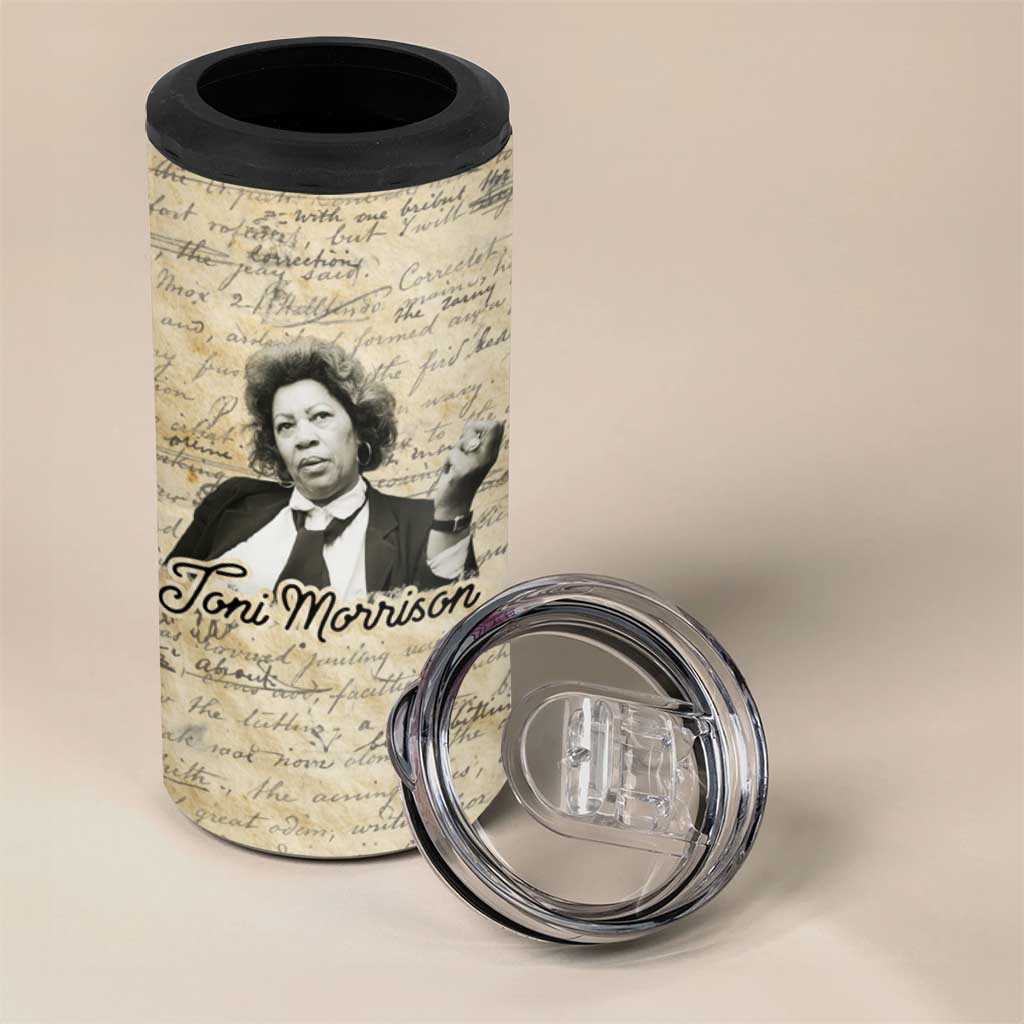 Toni Morrison 4 in 1 Can Cooler Tumbler Handwritten Manuscript Powerful Portrait with Feather Pen Quote - African Pride