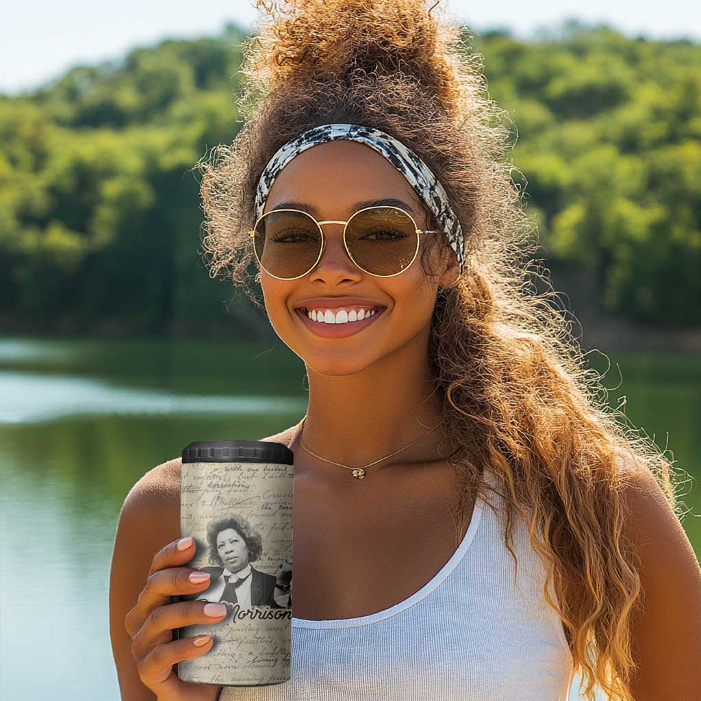 Toni Morrison 4 in 1 Can Cooler Tumbler Handwritten Manuscript Powerful Portrait with Feather Pen Quote - African Pride