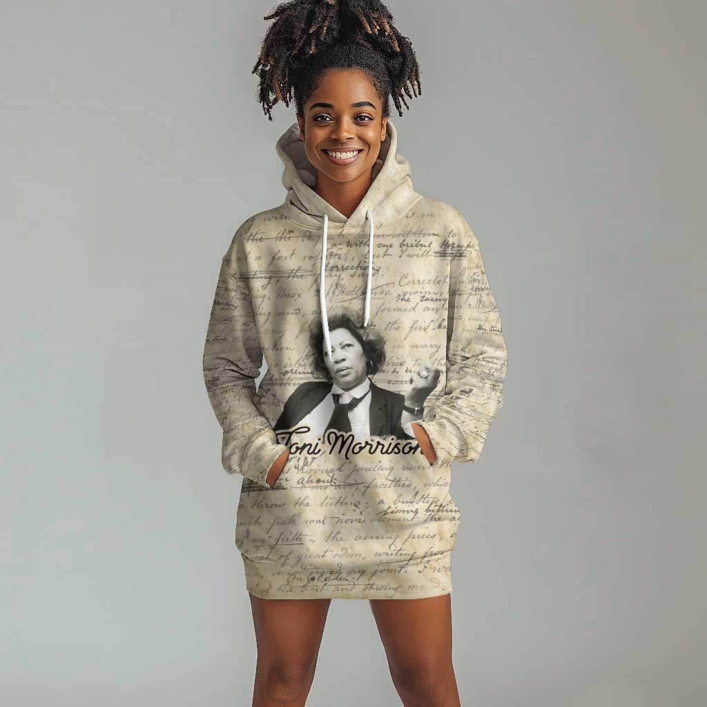 Toni Morrison Hoodie Dress Handwritten Manuscript Powerful Portrait with Feather Pen Quote - African Pride