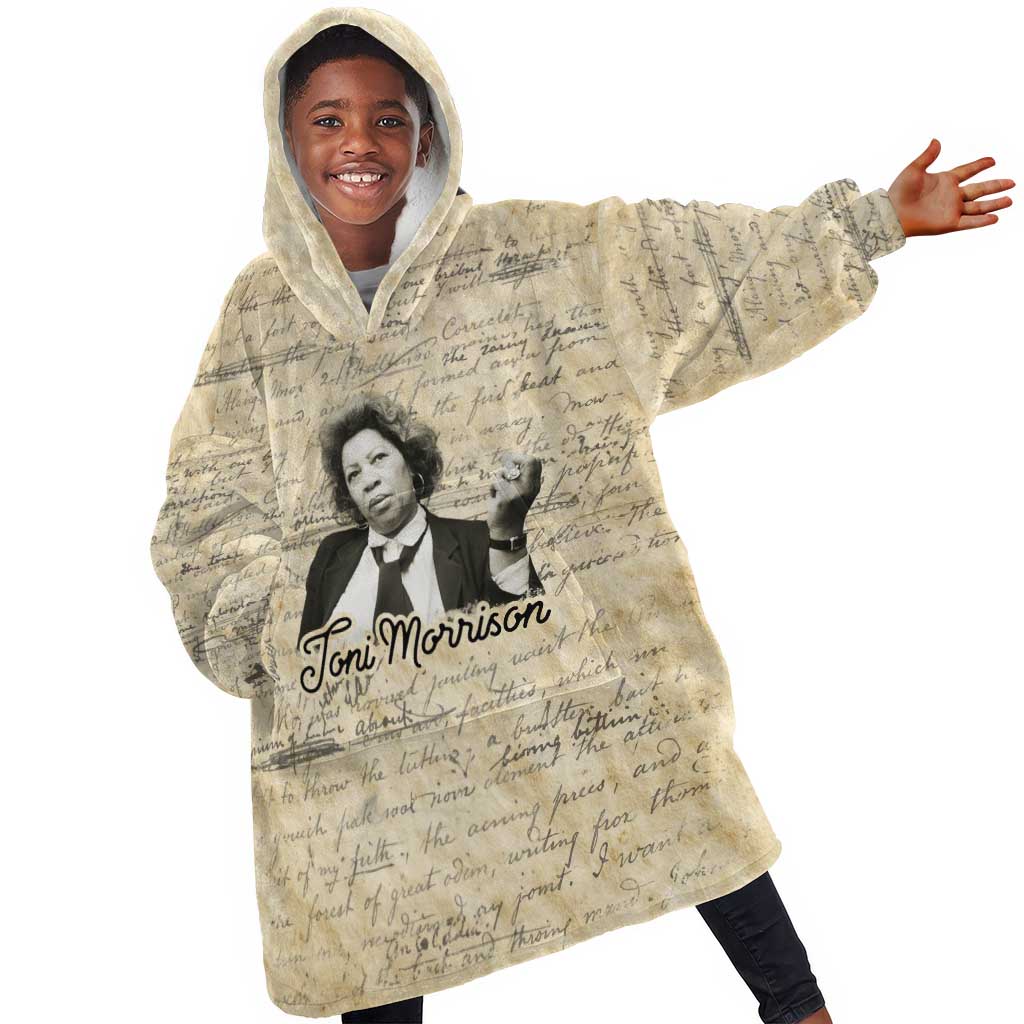 Toni Morrison Kid Wearable Blanket Hoodie Handwritten Manuscript Powerful Portrait with Feather Pen Quote - African Pride