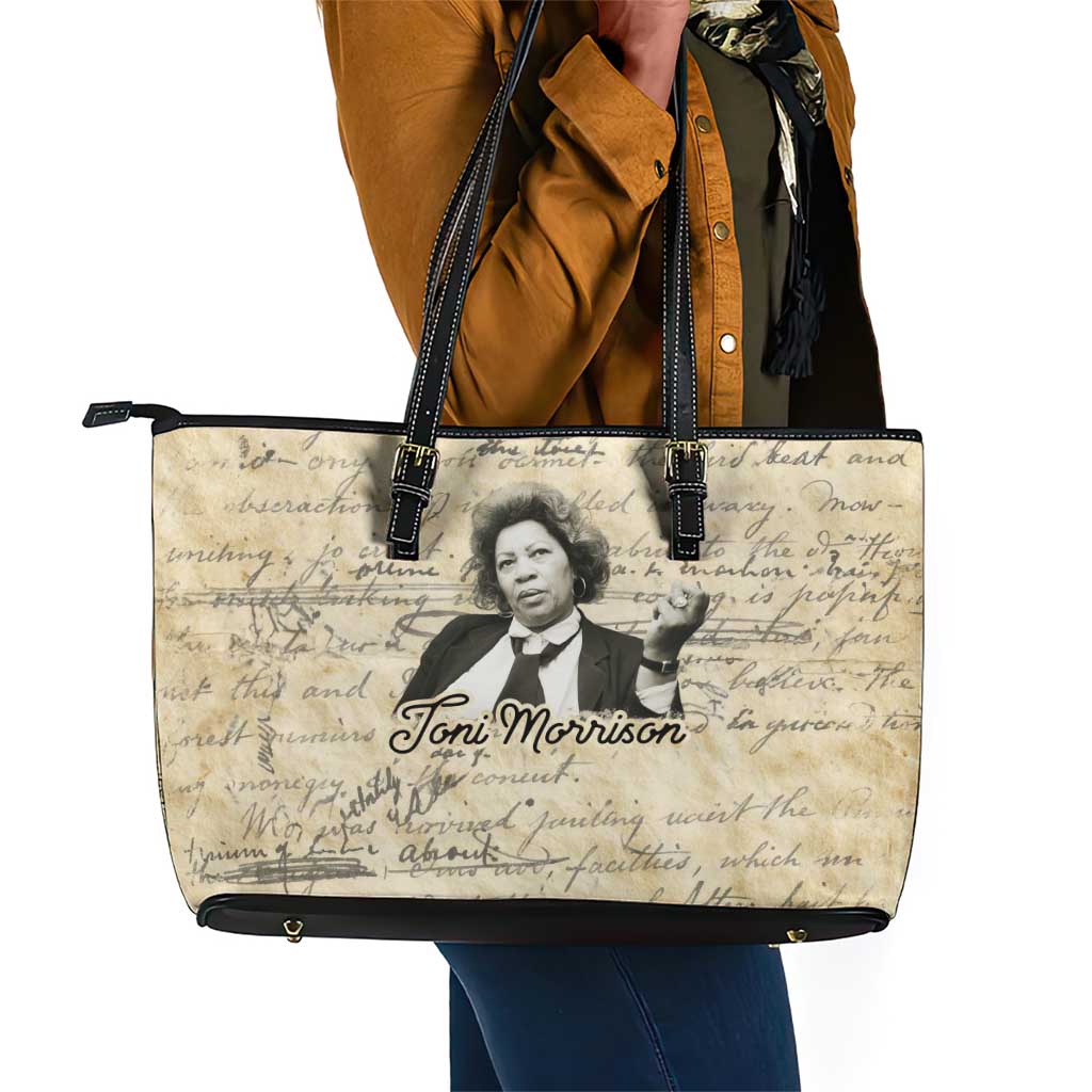 Toni Morrison Leather Tote Bag Handwritten Manuscript Powerful Portrait with Feather Pen Quote - African Pride
