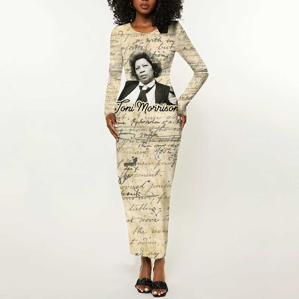 Toni Morrison Long Sleeve Bodycon Dress Handwritten Manuscript Powerful Portrait with Feather Pen Quote - African Pride