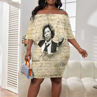 Toni Morrison Off Shoulder Short Dress Handwritten Manuscript Powerful Portrait with Feather Pen Quote - African Pride