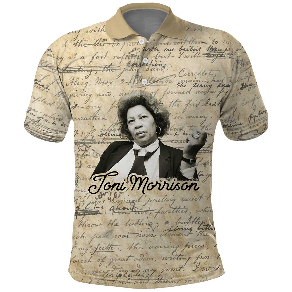 Toni Morrison Polo Shirt Handwritten Manuscript Powerful Portrait with Feather Pen Quote - African Pride