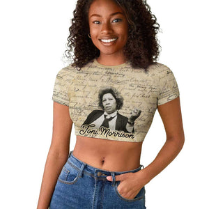 Toni Morrison Raglan Cropped T shirt Handwritten Manuscript Powerful Portrait with Feather Pen Quote - African Pride