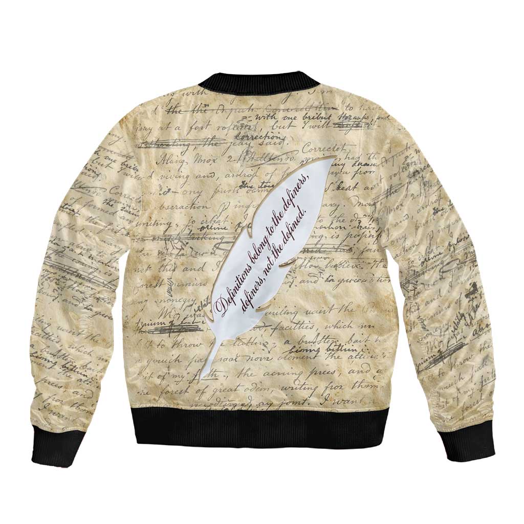 Toni Morrison Sleeve Zip Bomber Jacket Handwritten Manuscript Powerful Portrait with Feather Pen Quote - African Pride