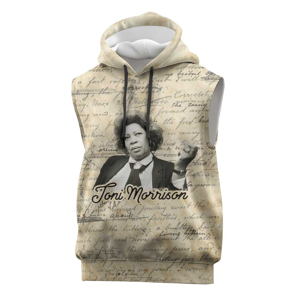 Toni Morrison Sleeveless Hoodie Handwritten Manuscript Powerful Portrait with Feather Pen Quote - African Pride