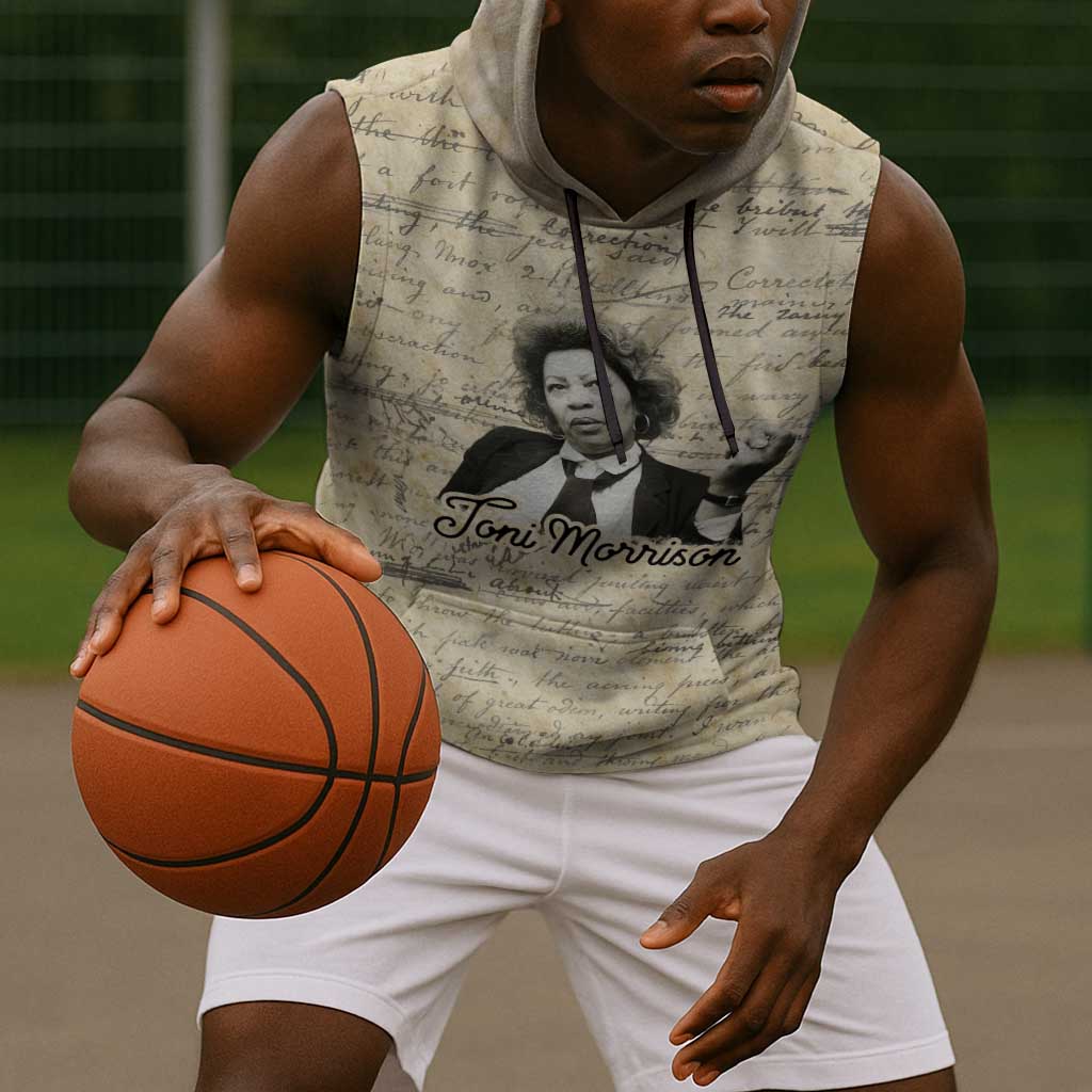 Toni Morrison Sleeveless Hoodie Handwritten Manuscript Powerful Portrait with Feather Pen Quote - African Pride