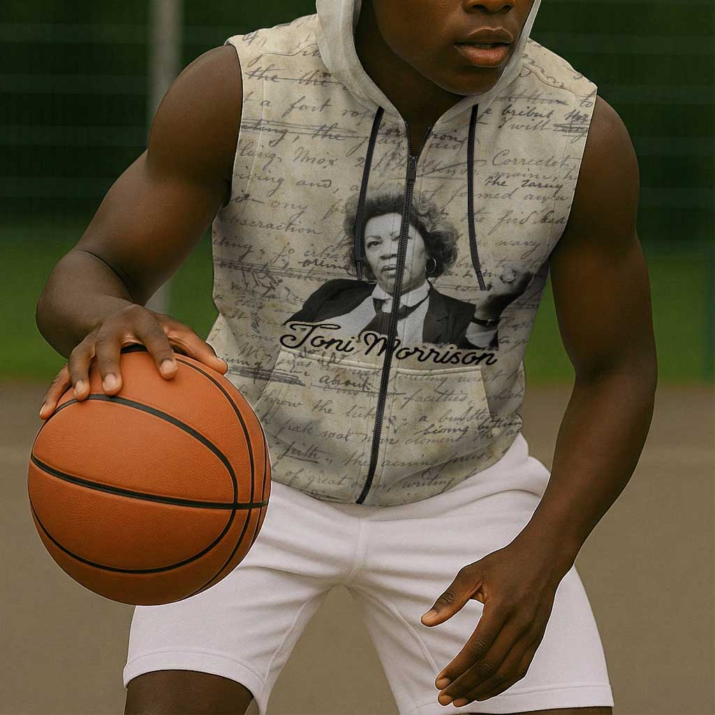 Toni Morrison Sleeveless Zip Hoodie Handwritten Manuscript Powerful Portrait with Feather Pen Quote - African Pride