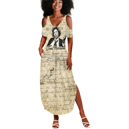Toni Morrison Summer Maxi Dress Handwritten Manuscript Powerful Portrait with Feather Pen Quote - African Pride