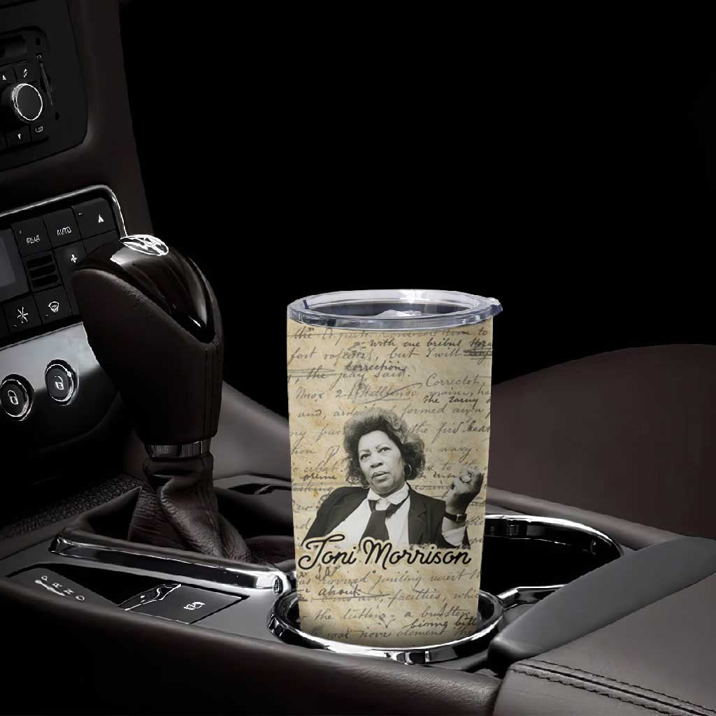 Toni Morrison Tumbler Cup Handwritten Manuscript Powerful Portrait with Feather Pen Quote - African Pride