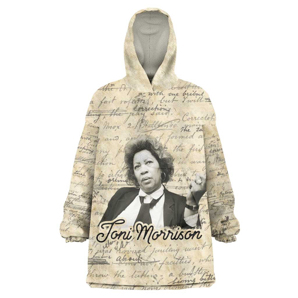 Toni Morrison Wearable Blanket Hoodie Handwritten Manuscript Powerful Portrait with Feather Pen Quote - African Pride