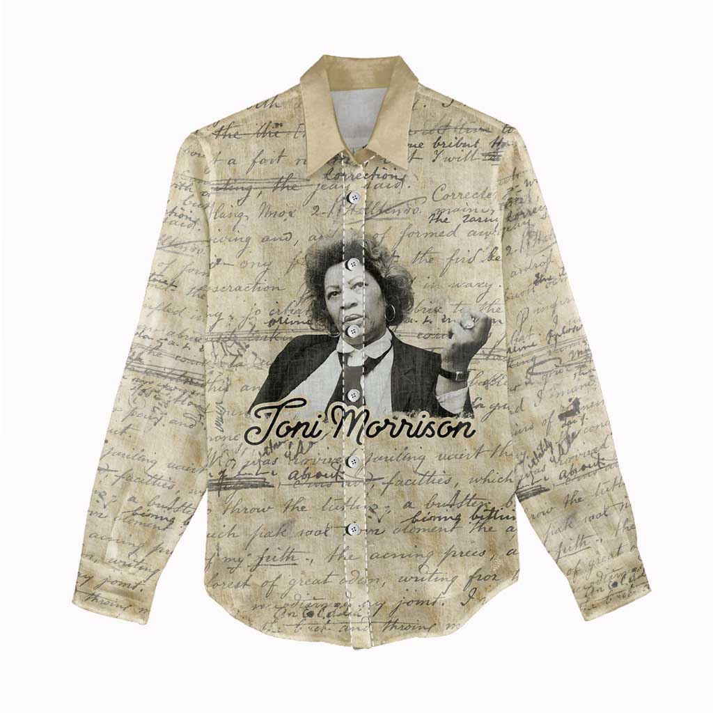 Toni Morrison Women Casual Shirt Handwritten Manuscript Powerful Portrait with Feather Pen Quote - African Pride