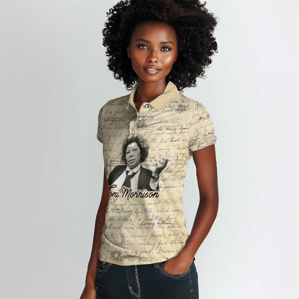 Toni Morrison Women Polo Shirt Handwritten Manuscript Powerful Portrait with Feather Pen Quote - African Pride