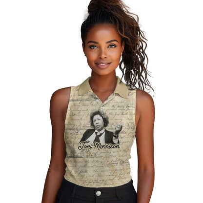 Toni Morrison Women Sleeveless Polo Shirt Handwritten Manuscript Powerful Portrait with Feather Pen Quote - African Pride