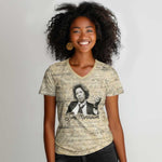 Toni Morrison Women V-Neck T-Shirt Handwritten Manuscript Powerful Portrait with Feather Pen Quote - African Pride