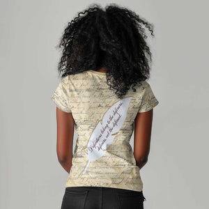 Toni Morrison Women V-Neck T-Shirt Handwritten Manuscript Powerful Portrait with Feather Pen Quote - African Pride
